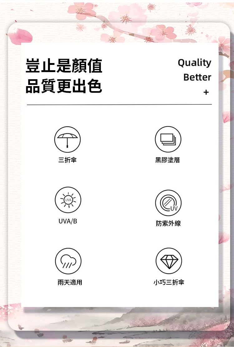 豈止是顏值品質更出色QualityBetter三折傘UVA/B黑膠塗層防紫外線雨天適用小巧三折傘