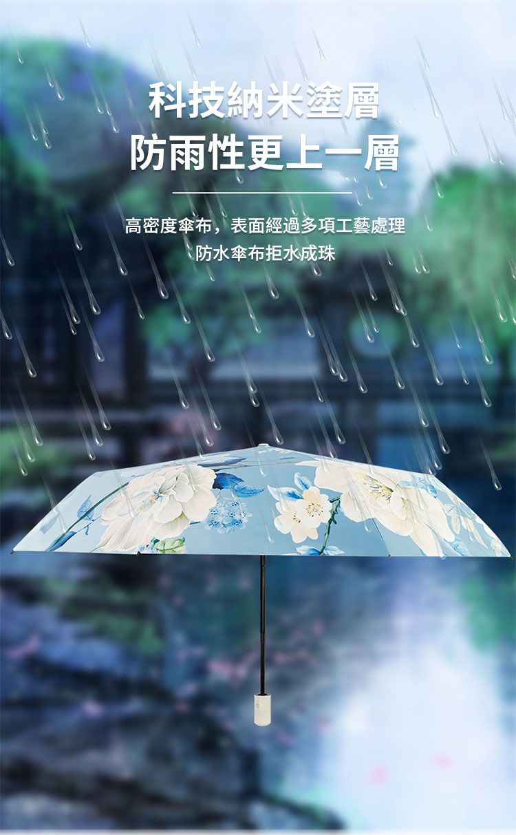 科技納米塗層防雨性更上一層高密度傘布,表面經過多項工藝處理防水傘布拒水成珠