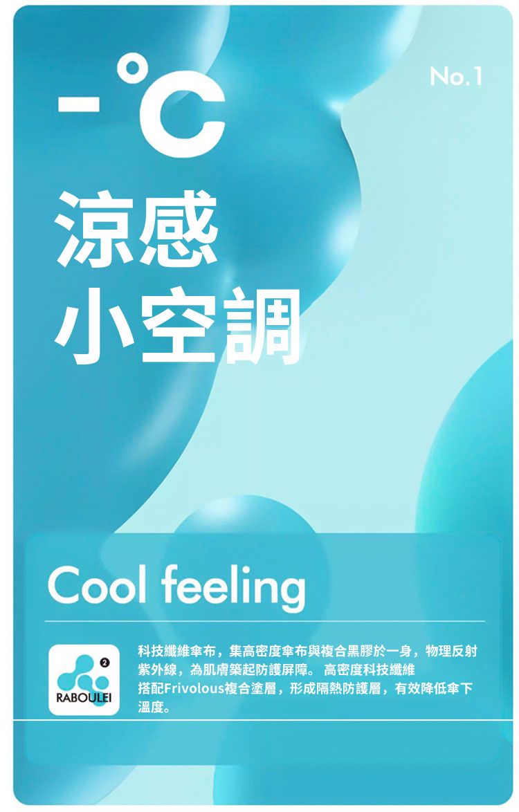 涼感小空調No.1Cool feelingRABOULEI科技纖維布,集高密度布與複合黑膠於一身,物理反射紫外線,為肌膚築起防護屏障。 高密度科技纖維搭配Frivolous複合塗層,形成隔熱防護層,有效降低傘下溫度。