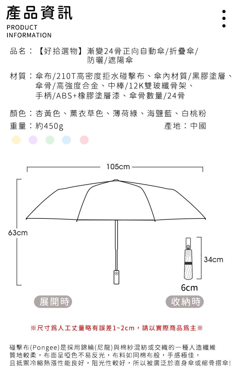 產品資訊PRODUCTINFORMATION品名:好拾選物】漸變24骨正向自動傘折疊傘/防曬/遮陽傘材質:傘布/210T高密度拒水碰擊布、傘材質/黑膠塗層、傘骨/高強度合金、中棒/12K雙玻纖骨架、手柄/ABS+橡膠塗層漆、傘骨數量/24骨顏色:杏黃色、薰衣草色、薄荷綠、海鹽藍、白桃粉重量:約450g63cm展開時105cm產地:中國6cm【收納時34cm尺寸人工丈量略有誤差1~2cm,請以實際商品為主※碰擊布(Pongee)是採用錦綸(尼龍)與棉紗混紡或交織的一種人造纖維質地較柔,布面呈啞色不易反光,布料如同棉布般,手感極佳,且抵禦冷縮熱性能良好,阻光性較好,所以被廣泛於身傘或缩骨摺傘!