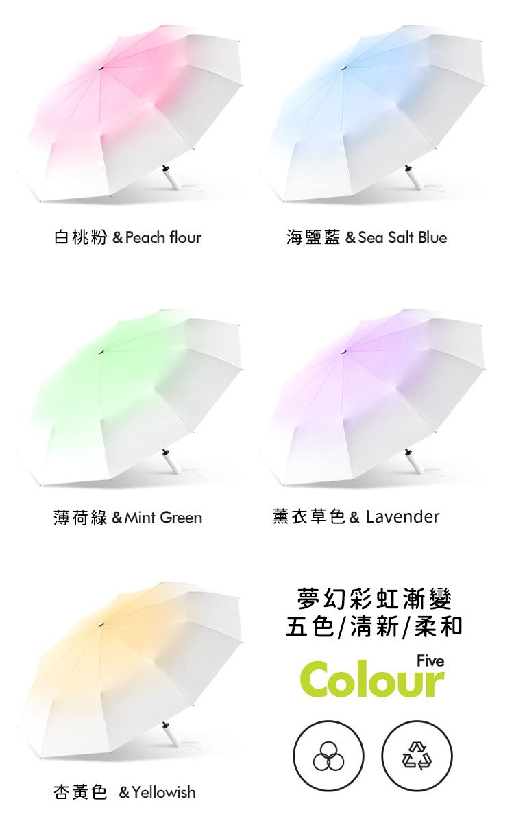 白桃粉 & Peach flour海鹽藍 & Sea Salt Blue薄荷綠 & Mint Green薰衣草色& Lavender杏黃色 & Yellowish夢幻彩虹漸變五色/清新/柔和Five