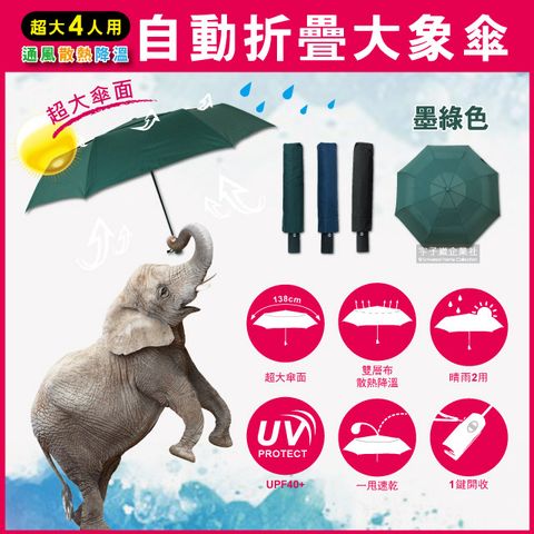 生活良品 日系極簡4人用雙層風力散熱自動摺疊開收大象傘(墨綠色+贈同色傘套)