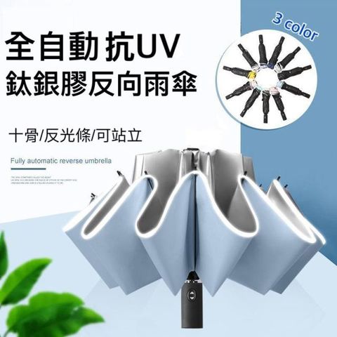 抗UV10骨抗暴風自動摺疊反向傘-鈦銀膠款
