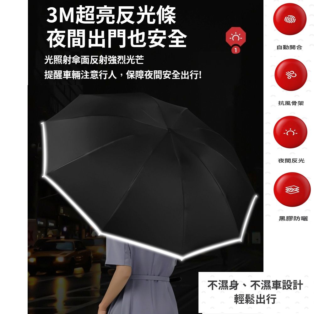  【Obeauty 奧緹】自動反向夜光安全傘-夜間照明晴雨兩用傘-折疊雨傘/車用雨傘-IQC-210(六色任選)