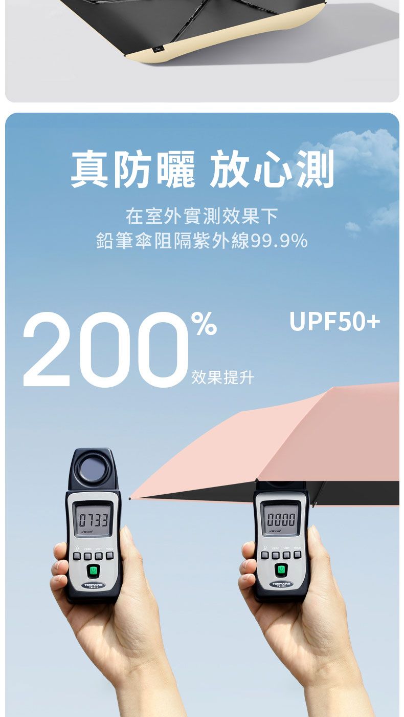真防曬 放心測在室外實測效果下鉛筆傘阻隔紫外線99.9%200%效果提升UPF50+