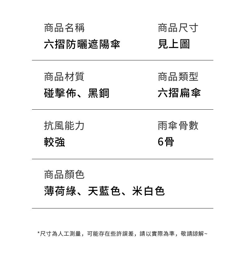 商品名稱六摺防曬遮陽傘商品尺寸見上圖商品材質商品類型碰擊佈、黑鋼六摺扁傘抗風能力雨傘骨數較強6骨商品顏色薄荷綠、天藍色、米白色*尺寸為人工測量,可能存在些許誤差,請實際為準,敬請諒解~