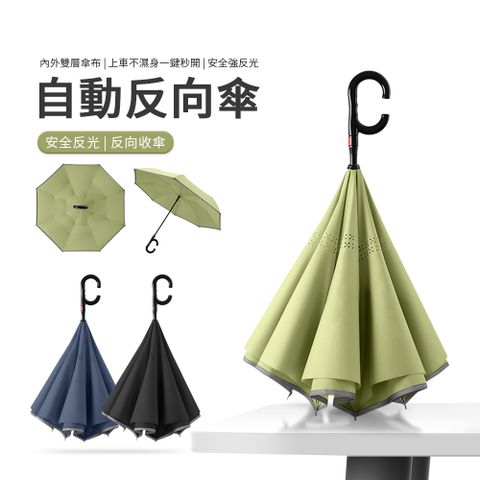 JDTECH C型雙層反向傘 自動開傘 8骨抗風 加大傘面 防風防雨 安全反光長柄雨傘