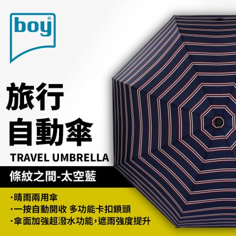 BOY 【德國】晴雨兼用三折旅行自動傘條紋之間_太空藍