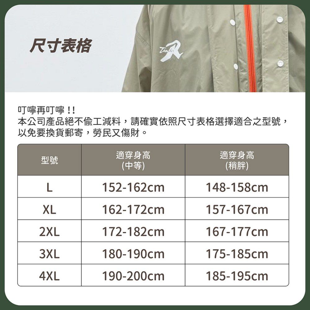 尺寸表格叮嚀再叮嚀!!本公司產品絕不偷工減料,請確實依照尺寸表格選擇適合之型號,以免要換貨郵寄,勞民傷財。適穿身高適穿身高型號(中等)(稍胖)L152-162cm148-158cmXL162-172cm157-167cm2XL172-182cm167-177cm3XL180-190cm175-185cm4XL190-200cm185-195cm