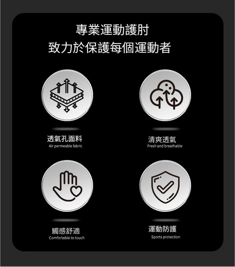 專業運動護肘致力於保護每個運動者Fresh and breathable透氣孔面料清爽透氣Air permeable fabric觸感舒適Comfortable to touch運動防護Sports protection