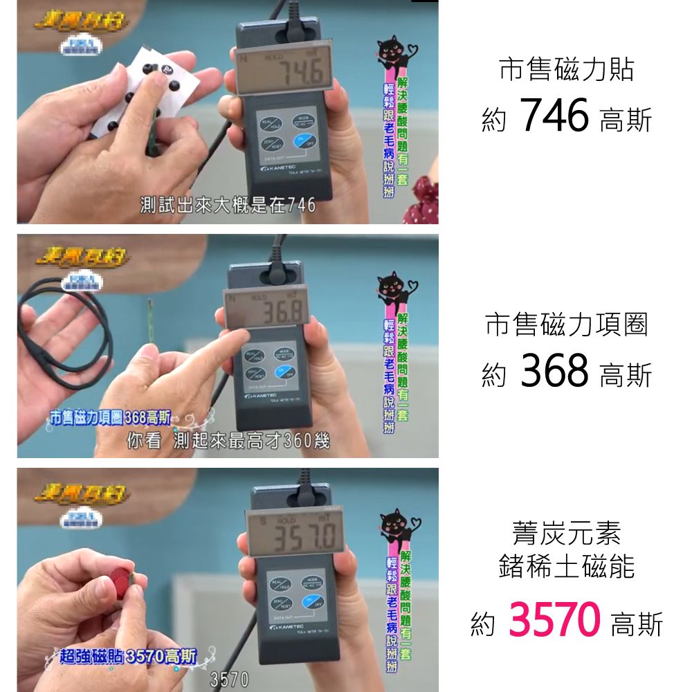 746測試出來大概是在746市售磁力項圈368你看 測起來最高才360幾超強磁貼 35770高斯3570HOLD毛病説市售磁力貼約 746 高斯市售磁力項圈約 368 高斯菁元素鍺稀土磁能約 3570 高斯