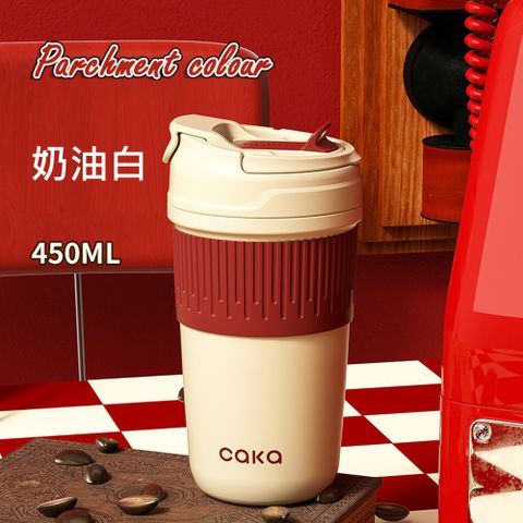 Caka caka 陶瓷保溫杯 雙飲隨身杯 咖啡隨行杯 316不鏽鋼 450ml 奶油白