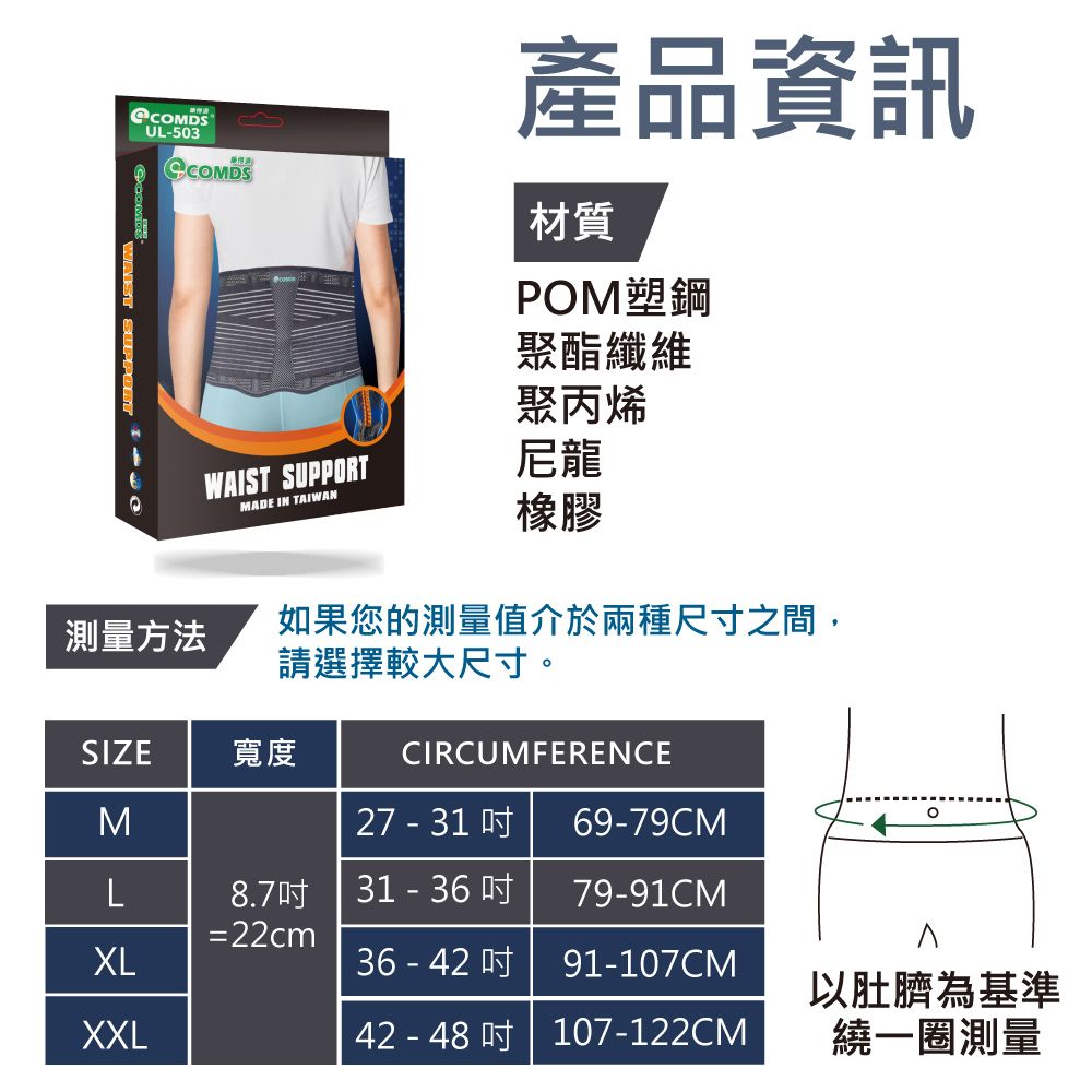 WAIST SUPPORT UL503COMDS產品資訊材質POM塑鋼聚酯纖維聚丙烯WAIST SUPPORTMADE IN TAIWAN尼龍測量方法橡膠如果您的測量值介於兩種尺寸之間,請選擇較大尺寸。SIZE寬度CIRCUMFERENCEM27 - 31  69-79CML8.731 - 36 79-91CM=22cmXL36 - 42 91-107CM以肚臍為基準XXL42 - 48 | 107-122CM繞一圈測量