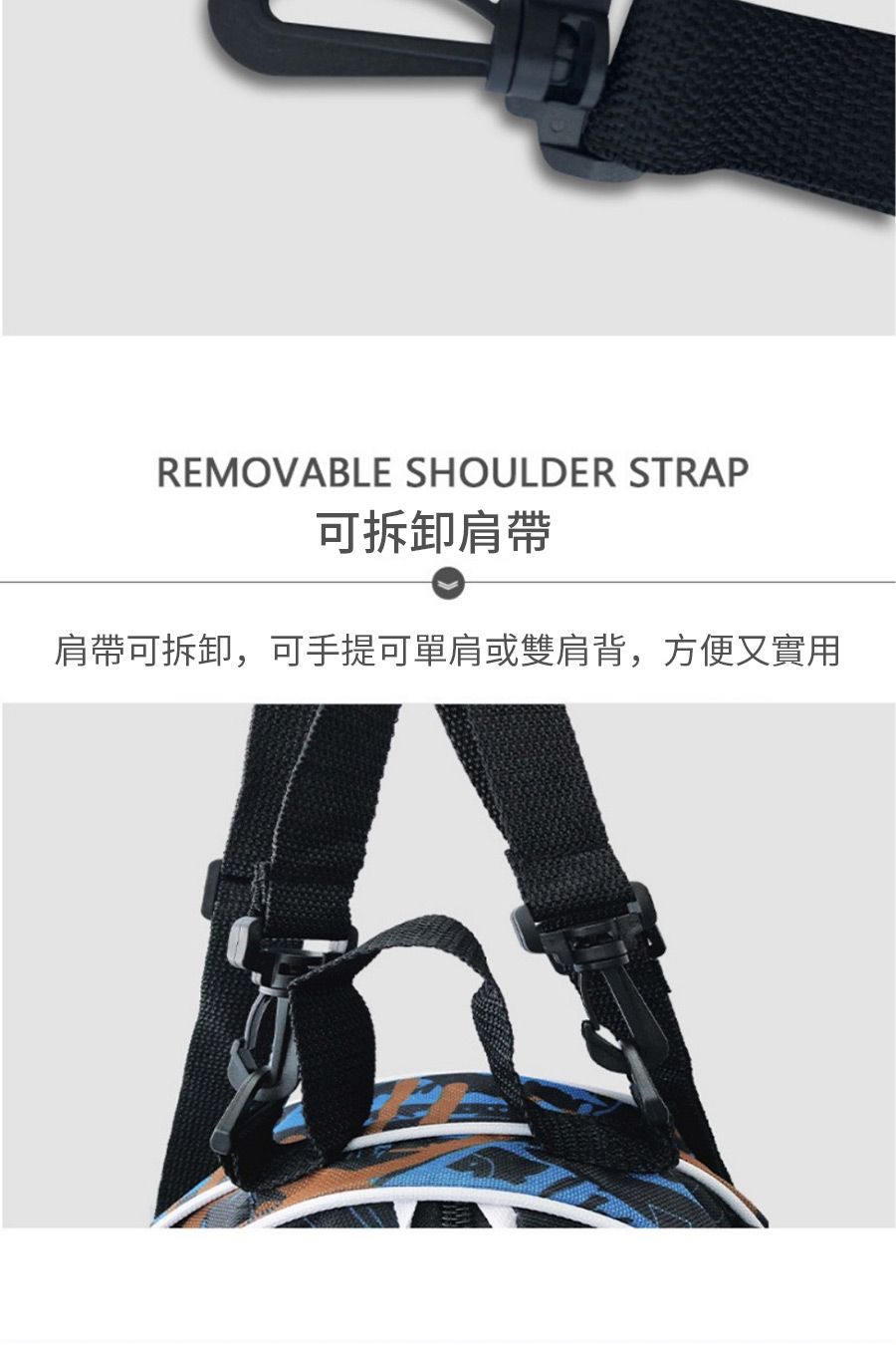 REMOVABLE SHOULDER STRAP可拆卸肩帶肩帶可拆卸,可手提單肩或雙肩背,方便又實用