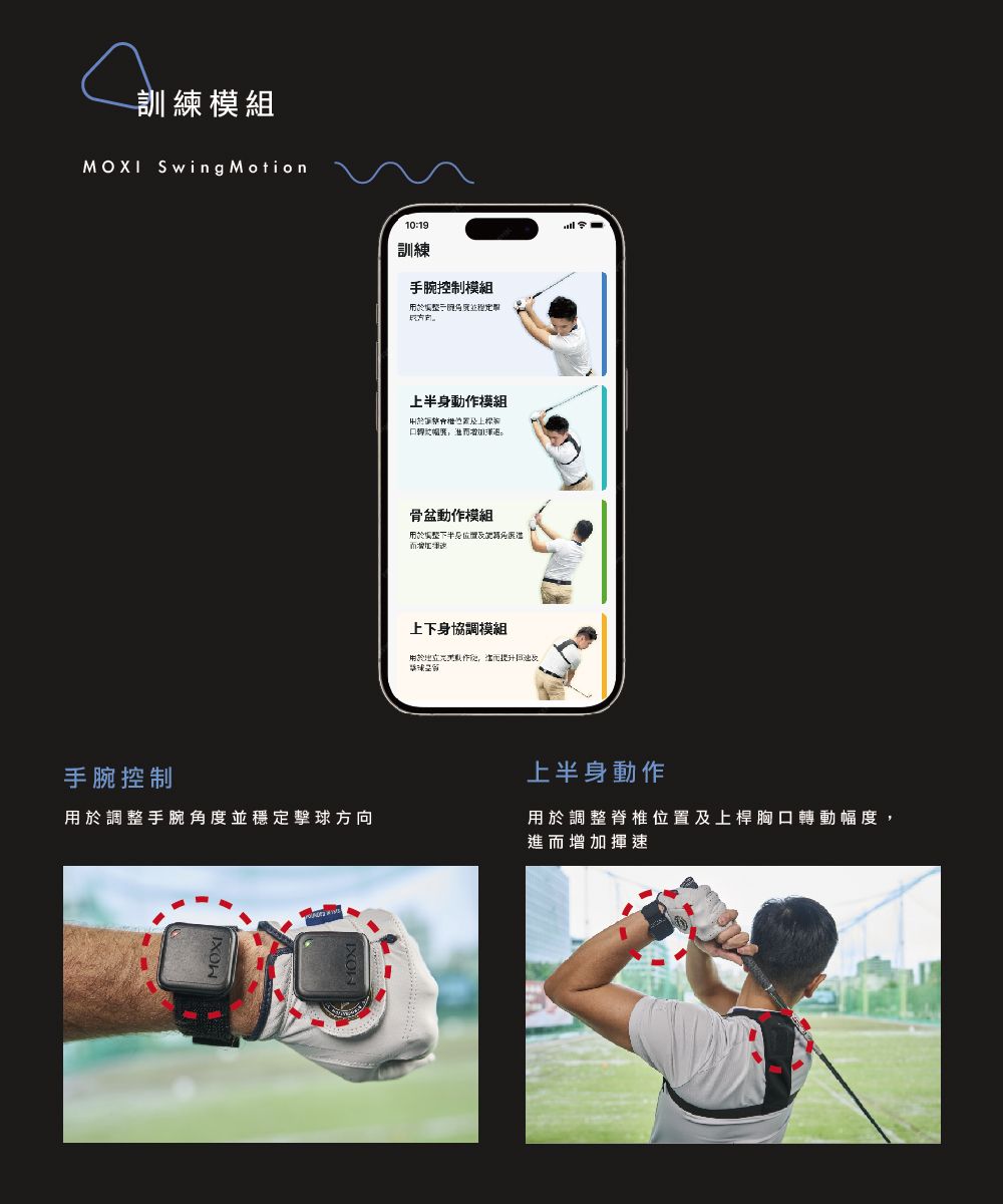 訓練模組MOXI Swing Motion手腕控制調手腕穩定擊球方向MOXI10:19訓練手腕控制模組整度並上半身動模組骨盆動作模組整下半角上下身協調模組用於作而上半身動作用於調整脊椎位置及上桿胸口轉動幅度,進而增加揮速