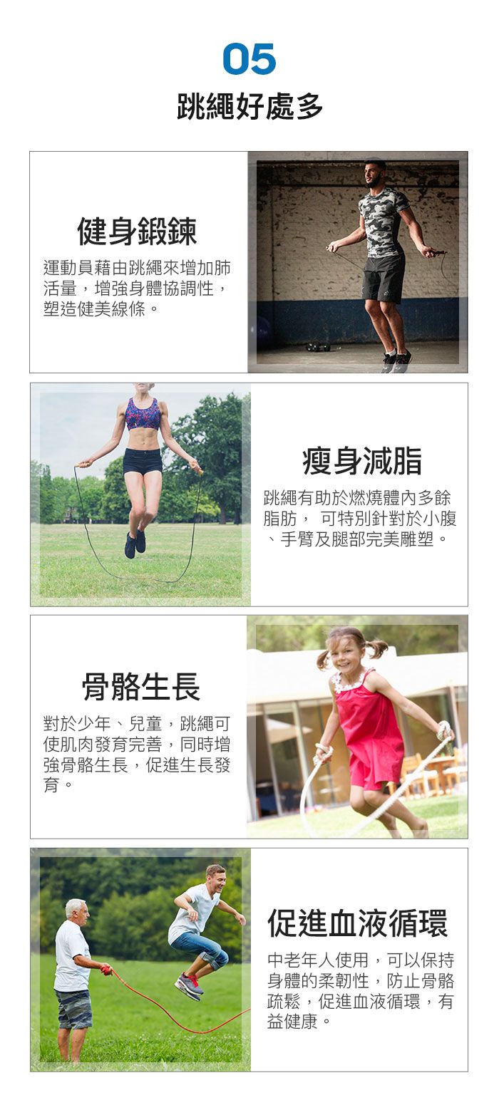 05跳繩好處多健身鍛鍊運動員藉由跳繩來增加肺活量,增強身體協調性,塑造健美線條。骨骼生長對於少年、兒童,跳繩可使肌肉發育完善,同時增強骨骼生長,促進生長發育。瘦身減脂跳繩有助於燃燒體內多餘脂肪, 可特別針對於小腹、手臂及腿部完美雕塑。促進血液循環中老年人使用,可以保持身體的柔韌性,防止骨骼疏鬆,促進血液循環,有益健康。