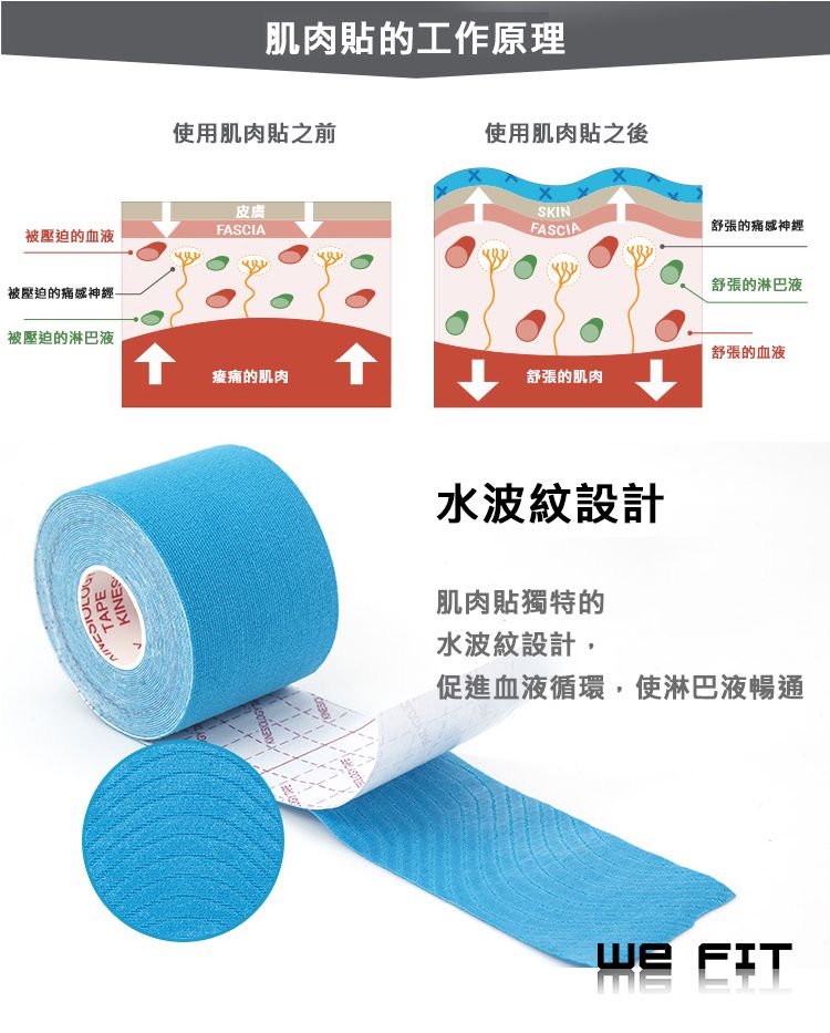 肌肉的工作原理使用肌肉之前使用肌肉貼之後皮膚FSCIA被壓迫的血液SKINFASCIA舒張的神經舒張的淋巴液被壓迫的痛感神經被壓迫的淋巴液的肌肉舒張的血液舒張的肌肉TAPEKINESA水波紋設計肌肉貼獨特的水波紋設計,促進血液循環,使淋巴液暢通 FIT