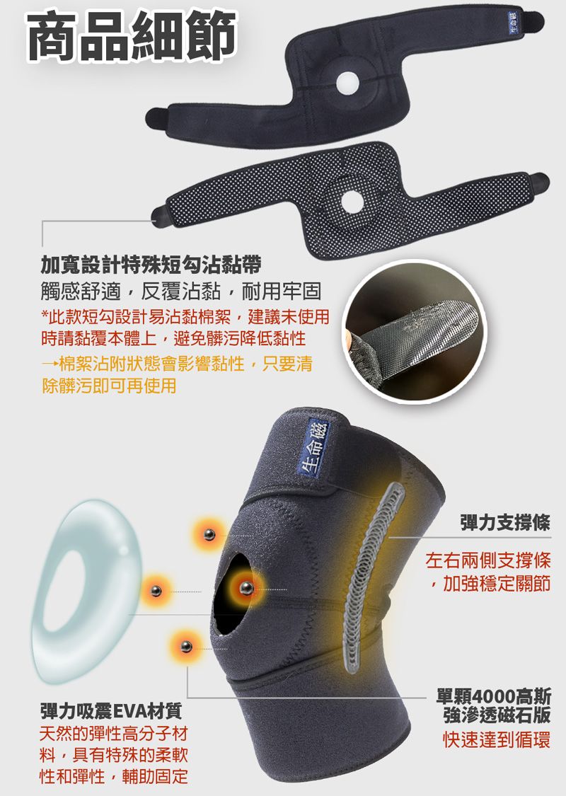 商品細節加寬設計特殊短勾沾黏帶觸感舒適反覆沾黏耐用牢固*此款短勾設計易沾黏棉絮,建議未使用時請黏覆本體上,避免髒污降低黏性→棉絮沾附狀態會影響黏性,只要清除髒污即可再使用彈力吸震EVA材質天然的彈性高分子材料,具有特殊的柔軟性和彈性,輔助固定生命磁www彈力支撐條左右兩側支撐條加強穩定關節單顆4000高斯強滲透磁石版快速達到循環
