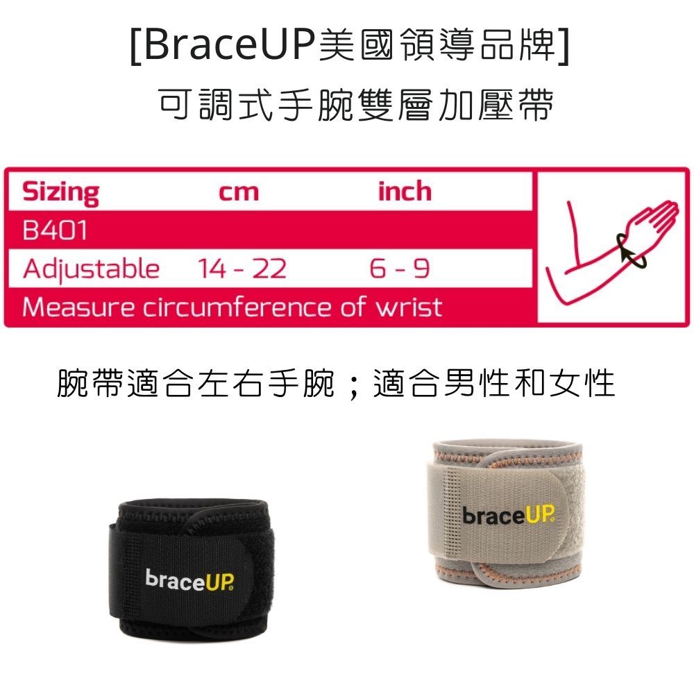 BraceUP 美國品牌 運動護腕可調式雙重加壓帶 材質透氣舒適讓手腕有支撐力