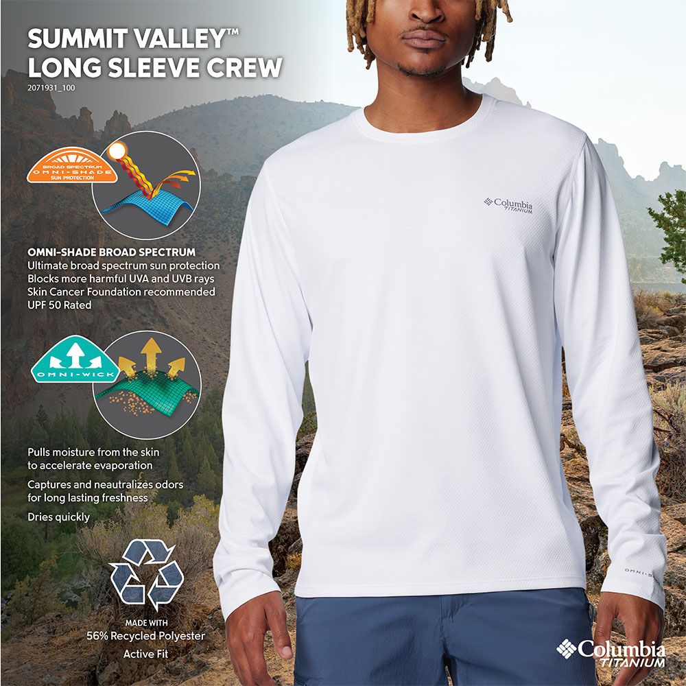 SUMMIT VALLEYLONG SLEEVE CREW2071931 100 SHADESUN PROTECTIONSHADE BROAD SPECTRUMUltimate broad spectrum sun protectionBlocks more harmful UVA and UVB raysSkin Cancer Foundation recommendedUPF 50 RatedOMNI-WICKPulls moisture from the skinto accelerate evaporationCaptures and neautralizes odorsfor long lasting freshnessDries quicklyColumbiaMADE WITH56% Recycled PolyesterActive FitColumbiaTITANIUM