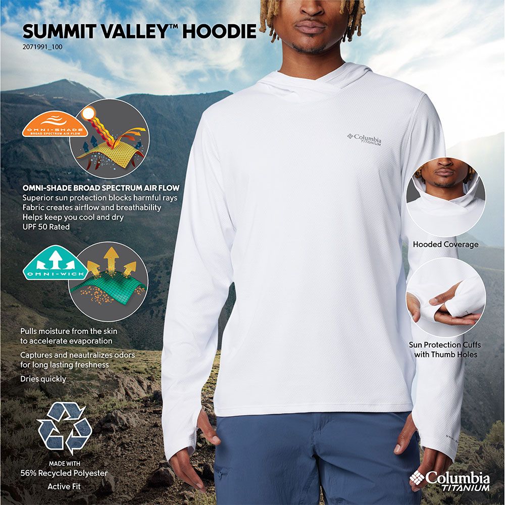 SUMMIT VALLEY HOODIE2071991_100༤SHADE SPECTRUM AIR FLOWOMNISHADE BROAD SPECTRUM AIR FLOWSuperior sun protection blocks harmful raysFabric creates airflow and breathabilityHelps keep you cool and dryUPF 50 Rated-WICKColumbiaHooded CoveragePulls moisture from the skinto accelerate evaporationCaptures and neautralizes odorsfor long lasting freshnessDries quicklySun Protection Cuffswith Thumb HolesMADE WITH56% Recycled PolyesterActive FitColumbiaTITANIUM