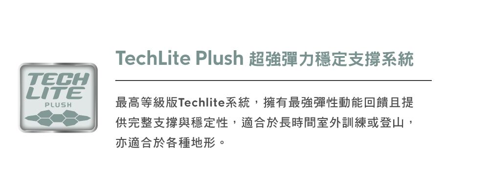 TECHLITEPLUSHTechLite Plush 超強彈力穩定支撐系統最高等級版Techlite系統,擁有最強彈性動能回饋且提供完整支撐與穩定性,適合於長時間室外訓練或登山,亦適合於各種地形。
