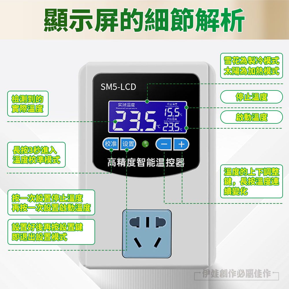 顯示屏的細節解析SM5-LD檢測到的實際溫度实测温度雪花製冷模式|太陽為加熱模式停止溫度啟動溫度C校准 设置長按3秒進入溫度校準模式 高精度智能溫控器按次設置停止溫度再按一次設置啟動溫度設置好後再按設置鍵即退出設置模式溫度的上下調整鍵長按溫度一創作必屬佳作