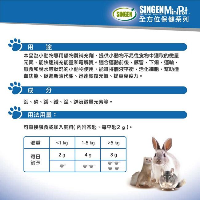 SINGENSINGEN MiniPet    全方位保健系列途本品為小動物專用礦物質補充劑,提供小動物不易從食物中獲取的微量元素,能快速補充能量和電解質。適合運動前後感冒、下痢、運輸、厭食和脫水等狀況的小動物使用,能維持體液平衡、活化細胞、幫助造血功能、促進新陳代謝、迅速恢復元氣、提高免疫力。成分鈣、磷、鎂、鐵、、及微量元素等。用法用量:可直接餵食或加入飼料(內附茶匙,每平匙2g)。體重1 kg1-5 kg5 kg每日2g4g8g給予
