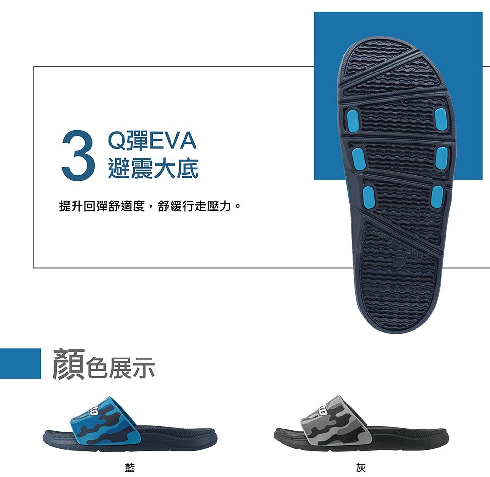Q彈EVA3 避震大底提升回彈舒適度,舒緩行走壓力。顏色展示藍灰