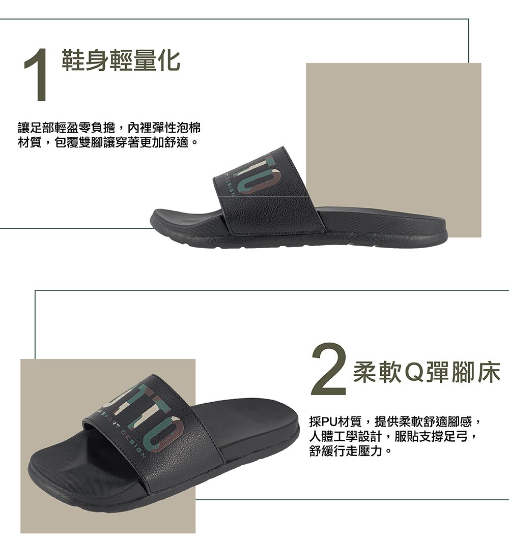 鞋身輕量化讓足部輕盈零負擔,內裡彈性泡棉材質,包覆雙腳讓穿著更加舒適。  柔軟Q彈腳床採PU材質,提供柔軟舒適腳感,人體工學設計,服貼支撐足弓,舒緩行走壓力。