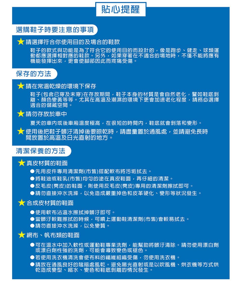 選購鞋子時要注意的事項貼心提醒請選擇符合你使用目的及場合的鞋款鞋子的款式與功能是為了符合它的使用目的而設計的像是跑步、健走、球類運動都應選擇相對應的鞋款。另外,如果穿著在不適合的場地時,不僅不能將應有機能發揮出來,更會使腳部因此而疼痛受傷。保存的方法請在常溫乾燥的環境下保存鞋子(包含已穿及未穿)在存放期間,鞋子本身的材質是會自然老化,譬如鞋底離、顏色變黃等等。尤其在高溫及潮濕的環境下更會加速老化程度,請務必選擇適合的儲藏空間。請勿存放於車中夏天的車內或後車廂溫度極高,在很短的時間內,鞋底就會剝落和變形。★使用後把鞋子髒汙清掉後要晾乾時,請盡量置於通風處,並請避免長時間放置於高溫及日光直射的地方。清潔保養的方法★真皮材質的鞋面先用皮件專用清潔劑(市售)搭配軟布將污垢拭去。將鞋油或鞋乳(市售)均勻的塗在真皮鞋面,再仔細的清潔。反毛皮(皮)的鞋面,則使用反毛皮(皮)專用的清潔劑擦拭即可。請勿直接沖水洗滌,以免造成嚴重掉色和皮革硬化、變形等狀況發生。合成皮材質的鞋面●使用軟布沾溫水擦拭掉髒汙即可。當髒汙較難擦拭的時候,可噴上運動鞋清潔劑(市售)會較易拭去。▶請勿直接沖水洗滌,以免變質。★網布、帆布類的鞋面可在溫水中加入軟性或運動鞋專業洗劑,能幫助將髒汙清除。請勿使用漂白劑或漂白劑性強的洗劑,可能會導致變色或褪色。▶若使用洗衣機清洗會使布料的纖維組織受傷,勿使用洗衣機。請放在通風良好的陰暗處風乾。避免陽光直射或是以吹風機、烘衣機等方式烘乾造成變型、縮水、變色和鞋底剝離的情況發生。