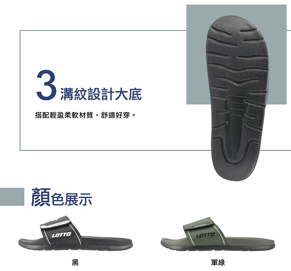 3溝紋設計大底搭配輕盈柔軟材質,舒適好穿。顏色展示LOTTO黑LOTTO軍綠