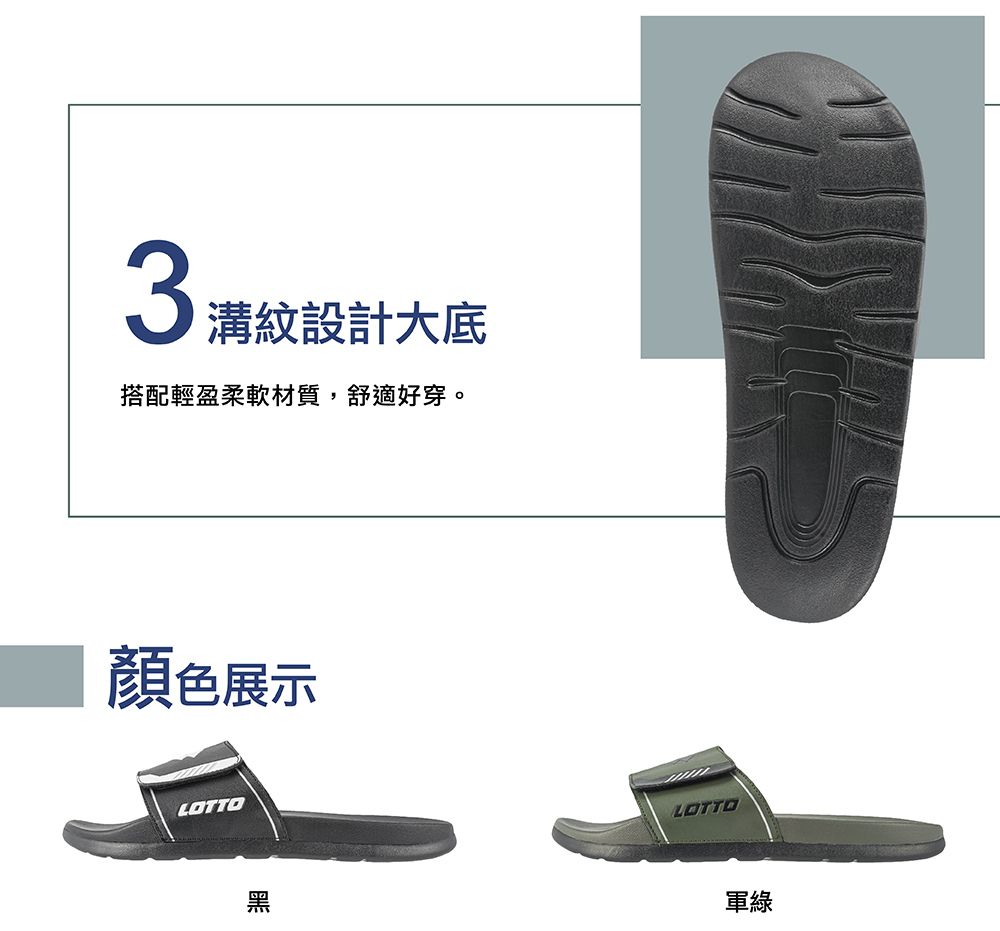 3溝紋設計大底搭配輕盈柔軟材質,舒適好穿。顏色展示LOTTO黑LOTTO軍綠