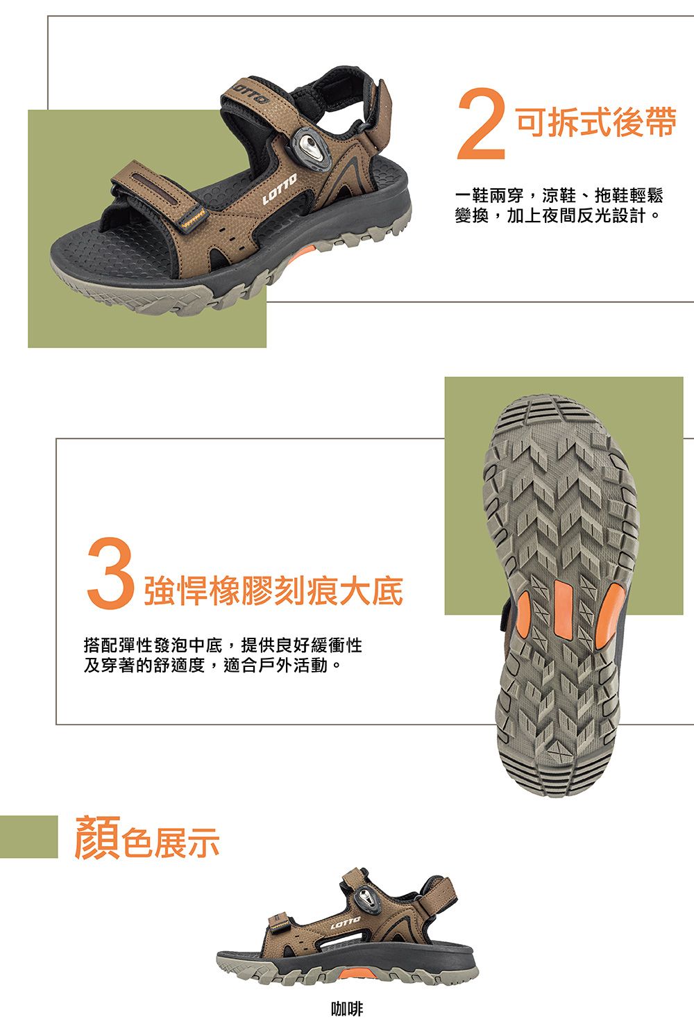 LOTTO3強悍橡膠刻痕大底搭配彈性發泡中底,提供良好緩衝性及穿著的舒適度,適合戶外活動。顏色展示咖啡 可拆式後帶一鞋兩穿,涼鞋、拖鞋輕鬆變換,加上夜間反光設計。