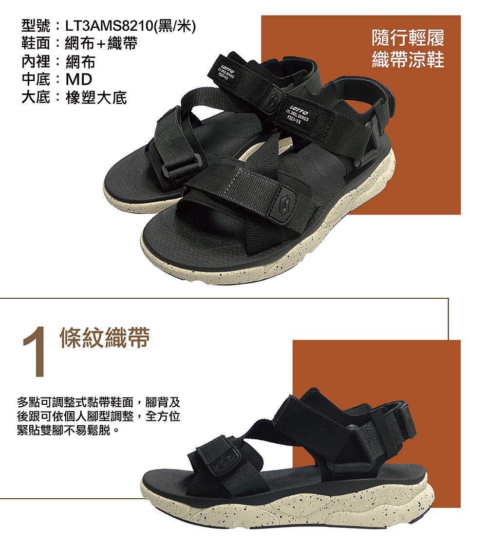 型號:LT3AMS8210(黑/米)鞋面:網布+織帶內裡:網布中底:MD大底:橡塑大底條紋織帶LOTTO 多點可調整式黏帶鞋面,腳背及後跟可依個人腳型調整,全方位緊貼雙腳不易鬆脫。LOTTO  S SERIES隨行輕履織帶涼鞋