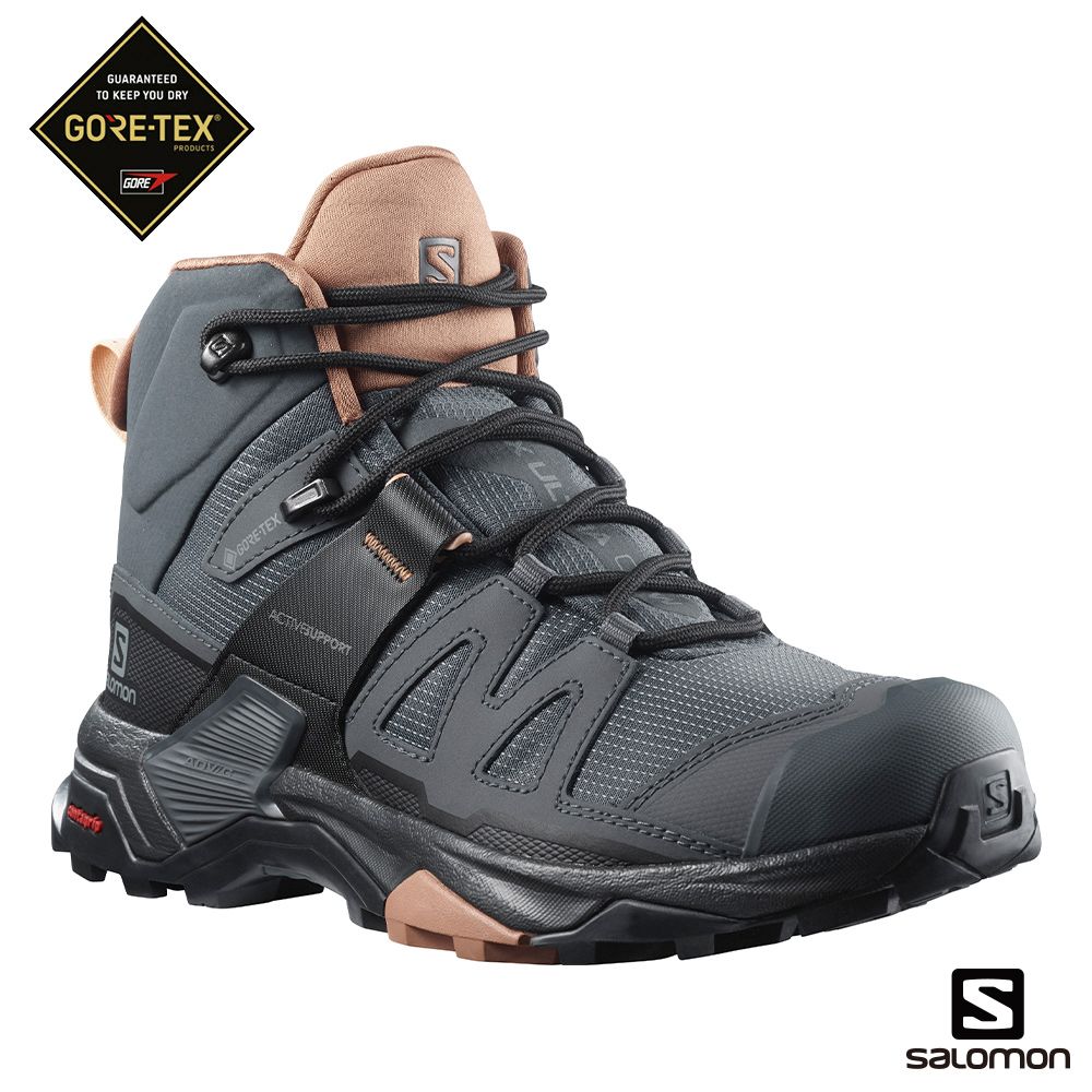 SALOMON 女X ULTRA 4 GTX 中筒登山鞋WIDE 寬楦烏木黑/棕/粉- PChome