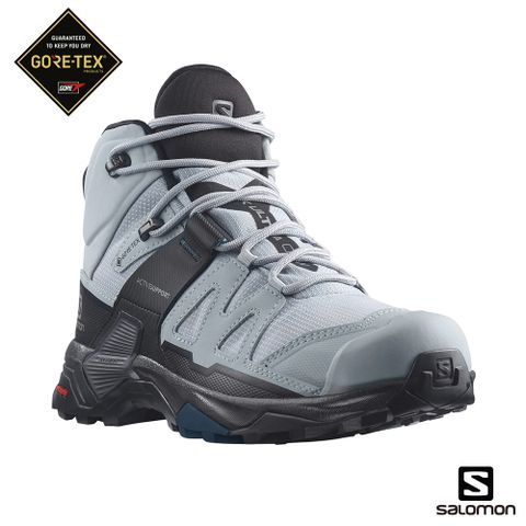 SALOMON 女 X ULTRA 4 Goretex 中筒登山鞋 寬楦 深礦灰/黑/藍