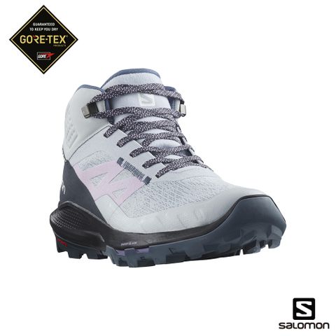 SALOMON 女 OUTpulse Goretex 中筒登山鞋 冰河藍/墨黑/蘭綻粉