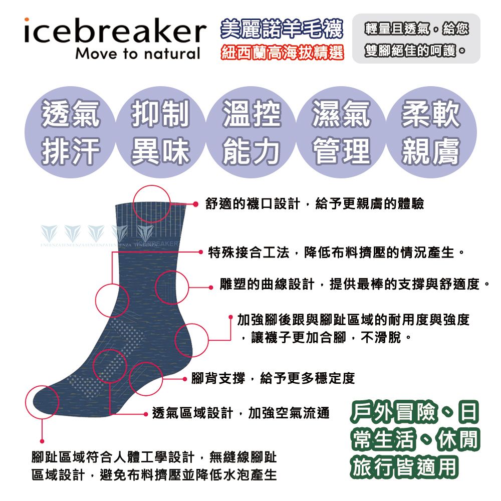 icebreaker IBN313 - 女 中筒薄毛圈都會休閒襪