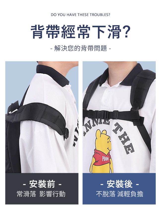 DO YOU HAVE THESE TROUBLES?背帶經常下滑? 解決您的背帶問題 -THE- 安裝前 -常滑落 影響行動- 安裝後-不脫落 減輕負擔