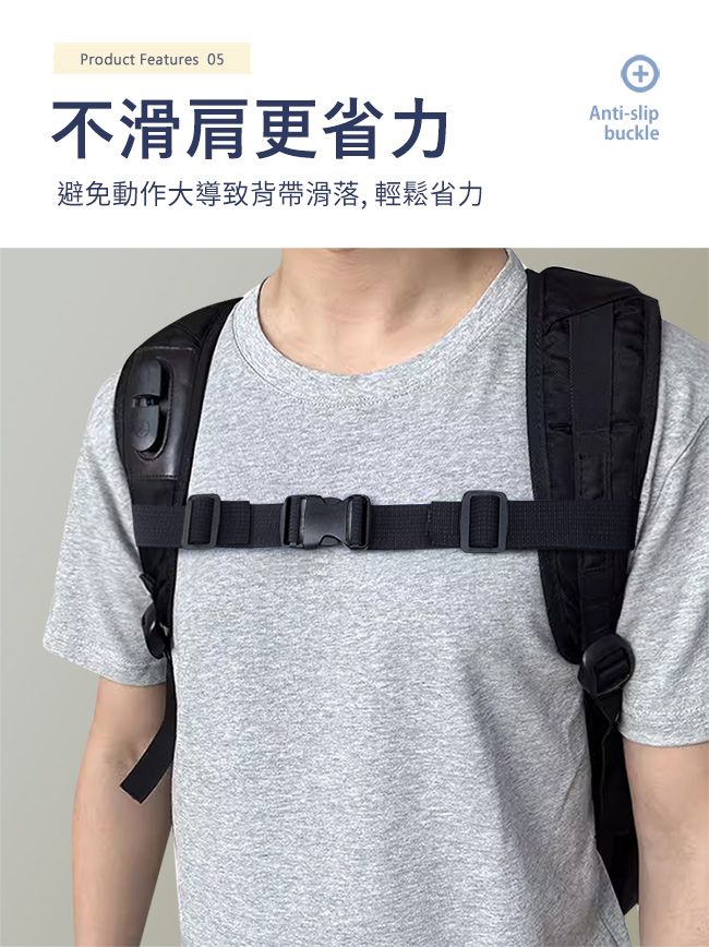 Product Features 05不滑肩更省力避免動作大導致背帶滑落,輕鬆省力+Anti-slipbuckle