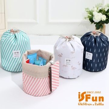 【iSFun】舖棉束口＊盥洗化妝撞收納圓桶包/藍丹頂鶴