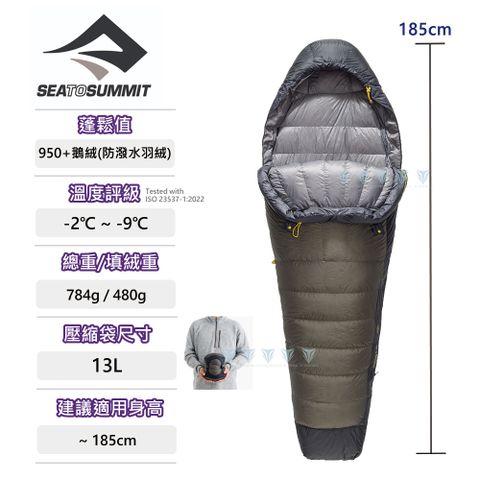 露營必備Sea to summit Spark Pro -9頂級鵝絨睡袋R-灰黑(-2~-9℃)
