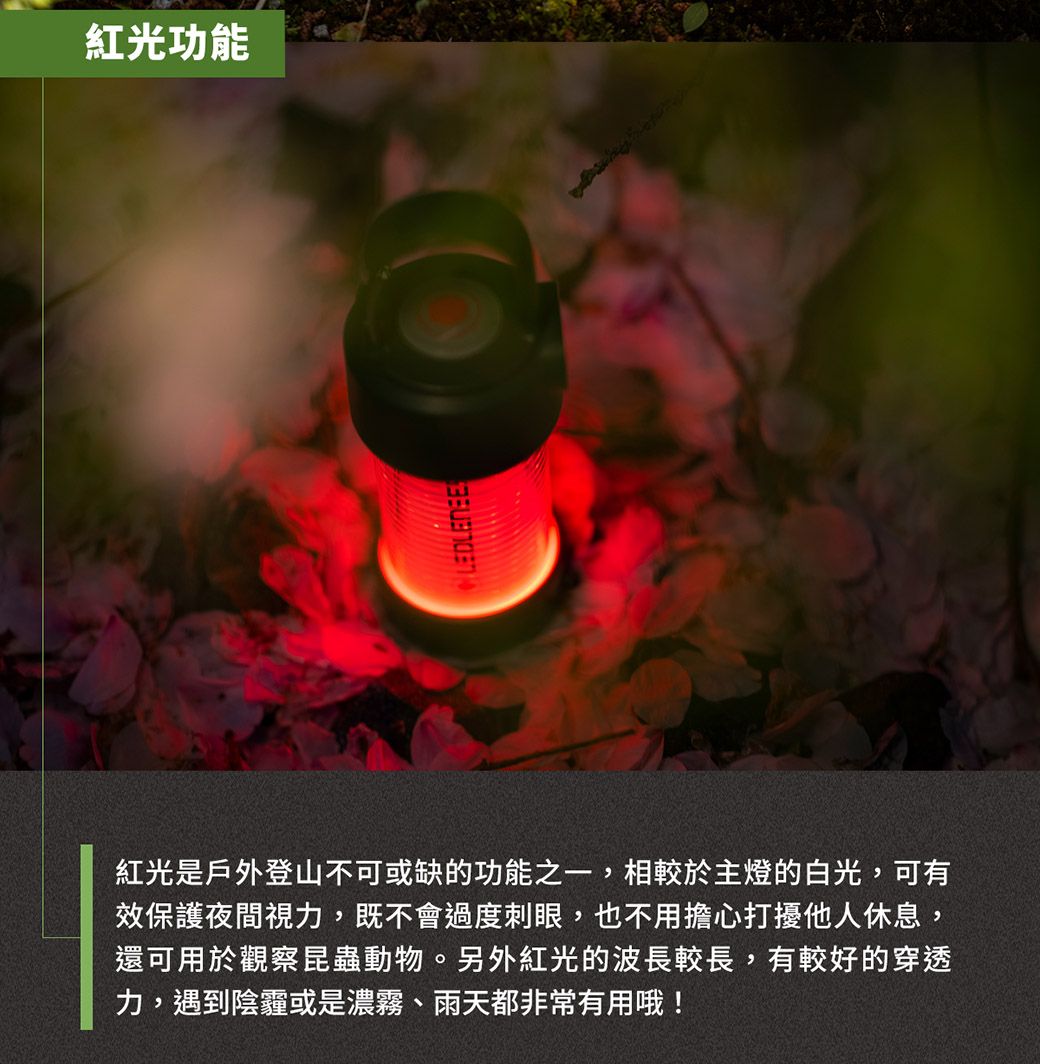 紅光功能紅光是戶外登山不可或缺的功能之一,相較於主燈的白光,可有效保護夜間視力,既不會過度刺眼,也不用擔心打擾他人休息,還可用於觀察昆蟲動物。另外紅光的波長較長,有較好的穿透力,遇到陰霾或是濃霧、雨天都非常有用哦!