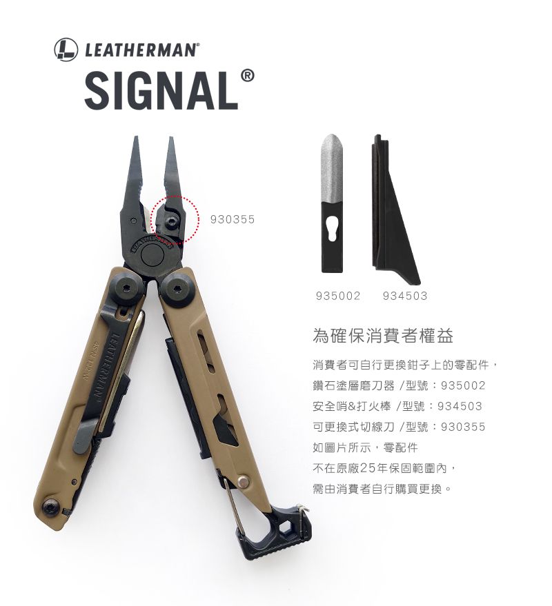 LEATHERMA®SIGNALLEATHERMAN N 930355935002 934503為確保消費者權益消費者可自行更換鉗子上的零配件,鑽石塗層磨刀器/型號:935002安全哨&打火棒/型號:934503可更換式切線刀/型號:930355如圖片所示,零配件不在原廠25年保固範圍內,需由消費者自行購買更換。