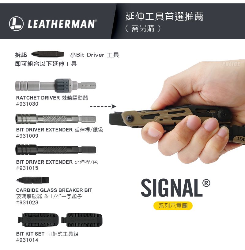拆起小Bit Driver 工具即可組合以下延伸工具LEATHERMANRATCHET DRIVER 棘輪驅動器#931030BIT DRIVER EXTENDER 延伸桿/銀色#931009BIT DRIVER EXTENDER 延伸桿/色#931015CARBIDE GLASS BREAKER BIT玻璃擊破器 & 1/4一字起子#931023BIT KIT SET 可拆式工具組#931014延伸工具首選推薦(需另購)SIGNAL ®系列示意圖POLICELEAT