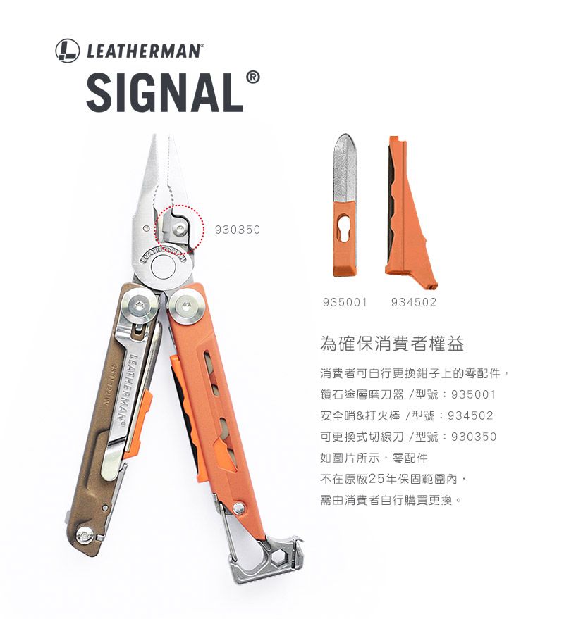 LEATHERMA®SIGNAL930350LEATHERMAN N 122 935001 934502為確保消費者權益消費者可自行更換上的零配件,鑽石塗層磨刀器/型號:935001安全哨&打火棒/型號:934502可更換式切線刀/型號:930350如圖片所示,零配件不在原廠25年保固範圍內,需由消費者自行購買更換。