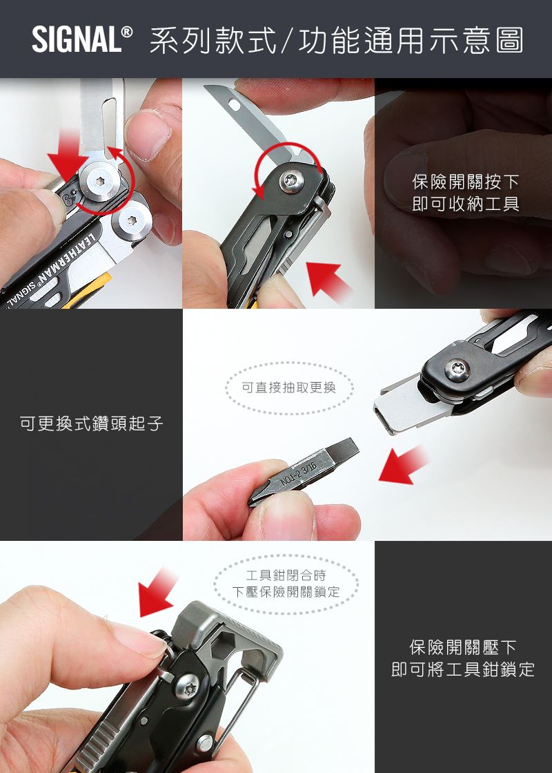 SIGNAL® 系列款式/功能通用示意圖可直接抽取更換可更換式鑽頭起子 3/16工具鉗閉合時下壓保險開關鎖定保險開關按下即可收納工具保險開關壓下即可將工具鉗鎖定