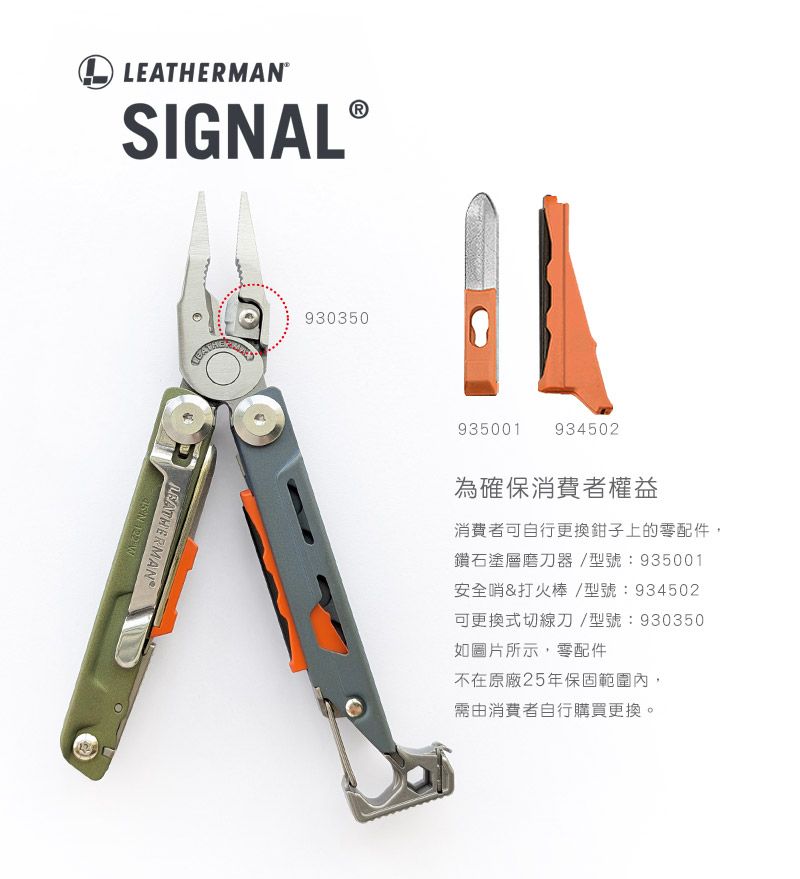 LEATHERMA®SIGNAL930350LEATHERMANN 935001 934502為確保消費者權益消費者可自行更換上的零配件,鑽石塗層磨刀器/型號:935001安全哨&打火棒/型號:934502可更換式切線刀/型號:930350如圖片所示,零配件不在原廠25年保固範圍內,需由消費者自行購買更換。
