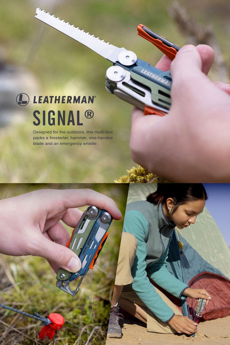 LEATHERMANSIGNAL®Designed for the outdoors, this multi-toolpacks a firestarter, hammer, one-handedblade and an emergency whistle.LEATHERMA